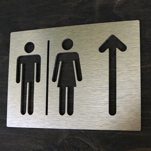 Puede incluir: Un letrero de metal plateado con siluetas recortadas de una persona y una persona con un vestido, y una flecha apuntando hacia arriba. El letrero dice "Up"