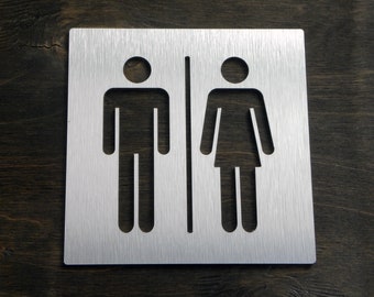Cartello per porta del bagno. Targhe per bagni moderni in argento inossidabile. Cartelli per bagni. Targhe adesive per porte di bagni. Bagni di hotel WC.