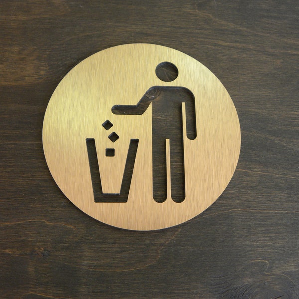 Garbage Adhesive Sign. Trash Round Brass Modern Signage Plaques.  Waste Signs For Hotels. Info Commercial Plates for Office Restaurant .