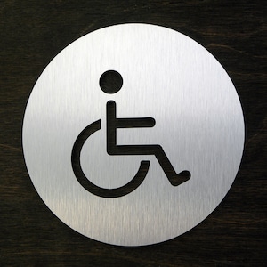 Disability Restroom Door Sign. Silver Brushed Aluminum Disabled Sign. Info Disability Signs WC Toilet Door Signs. D:12cm/4.75&quot;