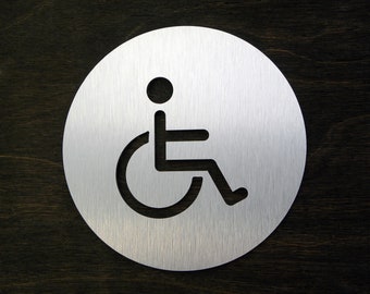 Handgefertigtes Toilettenschild. Silber gebürstet Aluminium flachzeichen. "Info ""Behinderung"" Schilder WC Toilette Türschilder." Durchmesser: 12 cm