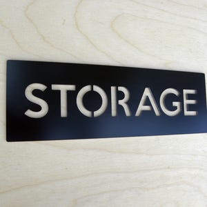 以下が含まれることがあります： 白い文字で「STORAGE」とカットされた黒い金属製の看板