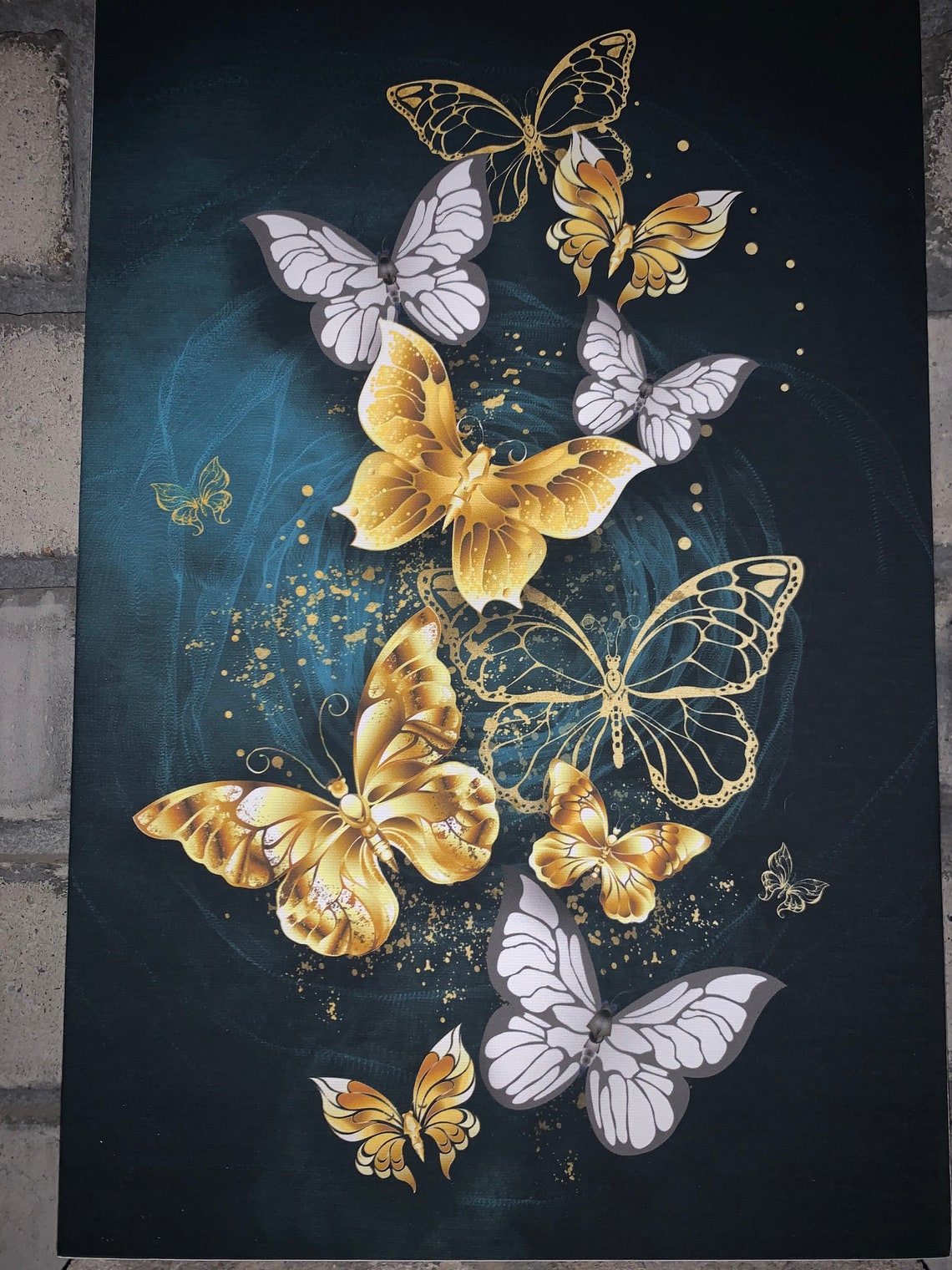 Gold and White Butterflies on Blue Background Wall Art Canvas | Etsy