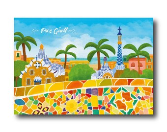 Parc Güell - Barcelona - Art Illustration Collection Print Paper Postcard A6 Gaudi Mosaic Modernism Spain Architecture Nature Park Terrace