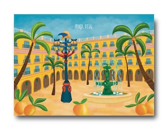 Plaça Reial - Barcelona - Art Illustration Collection Print Paper Postcard A6 Spain Gaudi Colorful Square Palmtrees Gotico Travel Ramblas