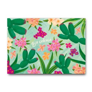 Flores - Barcelona - Colección de Ilustración de Arte Impresión Papel Postal A6 España Adelfa Cactus Buganvilla Flores Plantas Mediterráneo