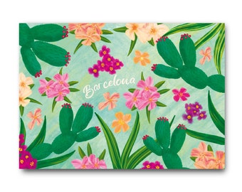 Flowers - Barcelona - Art Illustration Collection Print Paper Postcard A6 Spain Oleander Cactus Bougainvillea Flores Plants Mediterranean