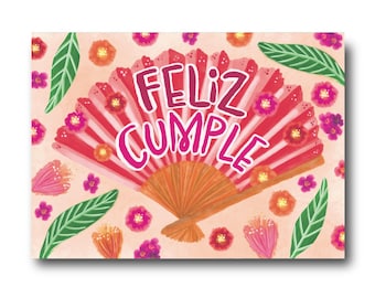 Feliz Cumple - Barcelona Art Illustration Collection Postcard A6 Spain Happy Birthday Cumpleaños Celebration Abanico Flores Felicitaciones