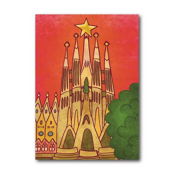 Sagrada Familia - Barcelona - Art Illustration Collection Print Paper Postcard A6 Poster A4 Spain Antoni Gaudi Modernism Architecture