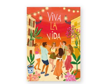 Viva La Vida - Barcelona - Art Illustration Collection Print Paper Postcard A6 Spain Street Dance Friends Sunset Fiesta