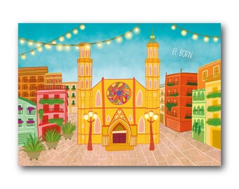El Born - Barcelona - Art Illustration Collection Print Paper Postcard A6 Spain Local Santa Maria del Mar