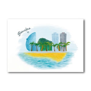 Skyline Playa de la Barceloneta - Barcelona - Colección de Ilustración Artística Impresión Papel Postal A6 Póster A4 España Playa Mediterráneo Montjuic