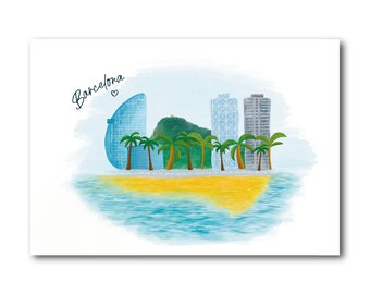 Skyline Barceloneta Beach - Barcelona - Art Illustration Collection Print Paper Postcard A6 Poster A4 Spain Beach Mediterranean Montjuic
