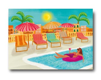Piscina - Barcelona Art Illustration Collection Ático Print Terrace Roof Bar Summer Postcard A6 Spain Vacation Mediterraneans Swimming Pool