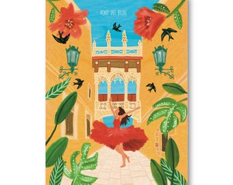 Pont del Bisbe - Barcelona - Art Illustration Collection Print Paper Postcard A6 Spain Gothic Quarter Historic Bridge Flamenco Dance Travel
