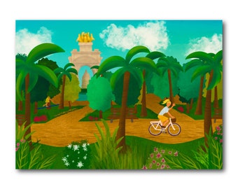 Parc de Ciutadella - Barcelona - Art Illustration Collection Print Paper Postcard A6 Spain Cascada Waterfall Fountain Cycling Bike