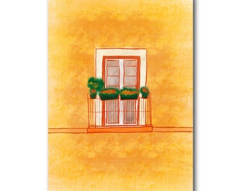 Balcon - Barcelona - Art Illustration Collection Print Paper Postcard A6 Poster A4 Spain Local Plants Characteristic Flowerpots