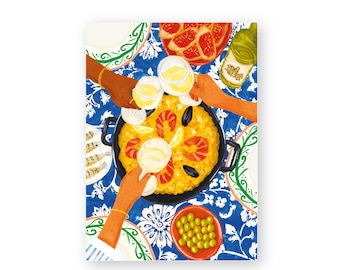 Paella - Barcelona - Art Illustration Collection Print Paper Postcard A6 Spain Spanish Food Seafood Tapas Vino Blanco Mediterranean
