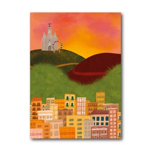 Collserola con el Tibidabo - Barcelona - Colección de Ilustración Artística Impresión Papel Postal A6 España Parque Naturaleza Vista Panorámica