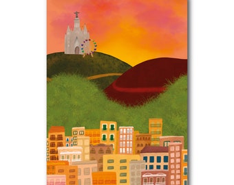 Collserola with Tibidabo - Barcelona - Art Illustration Collection Print Paper Postcard A6 Spain Parc Nature Panoramic View