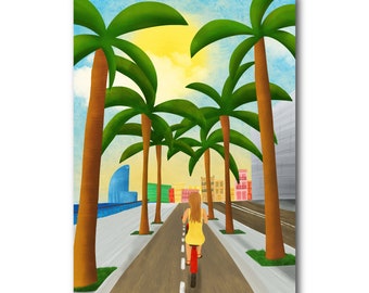 Passeig Marítim de la Barceloneta - Barcelona - Art Illustration Collection Print Paper Postcard A6 Poster A4 Spain Beach Bike Cycling