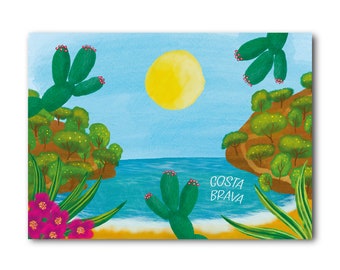 Costa Brava - Barcelona - Art Illustration Collection Print Paper Postcard A6 Spain Mediterranean Sea Playa Cala Beach Cactus Summer Sun