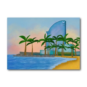 Playa de la Barceloneta - Barcelona - Colección de ilustraciones artísticas Impresión en papel Postal A6 Póster A4 España Playa Beachday Hotel Double W Palmtree