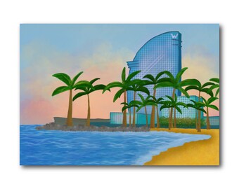Barceloneta Playa - Barcelona - Art Illustration Collection Print Paper Postcard A6 Poster A4 Spain Playa Beachday Hotel Double W Palmtree