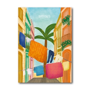 Barrio de la Barceloneta - Barcelona - Colección de Ilustración Artística Impresión Papel Postal A6 Póster A4 España Playa Palmera Verano