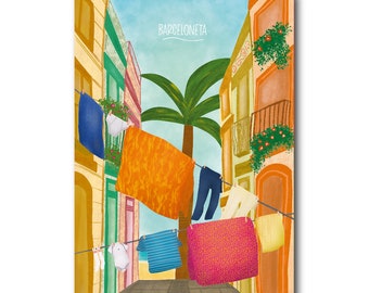 Barceloneta Barrio - Barcelona - Art Illustration Collection Print Paper Postcard A6 Poster A4 Spain Beach Palmtree Summer