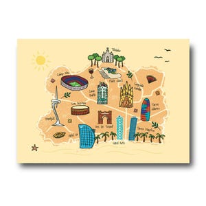 May include: A colorful illustrated map of Barcelona, Spain, featuring landmarks like Camp Nou, Sagrada Familia, and Park Güell. The map is on a light yellow background with a sun and birds.