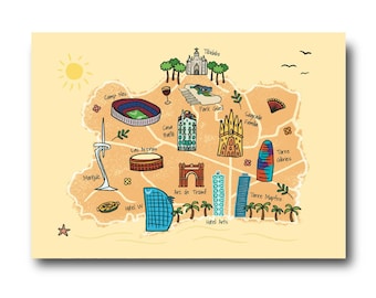 Mapa de Barcelona - Art Illustration Collection Print Paper Postcard A6 Spain Gaudi Colorful Sagrada Familia Camp Nou Parc Guell