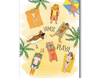 Barcelona beach - Barcelona - Art Illustration Collection Print Paper Postcard A6 Diversity Spain Playa Palmtree