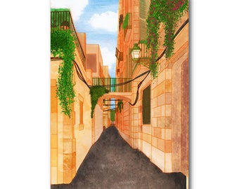 Barrio Gótico - Barcelona - Art Illustration Collection Print Paper Postcard A6 Poster A4 Spain Carabassa Ciutat Vella Plants Gothic Quarter
