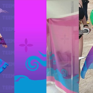 May include: A purple and blue beach wrap with a floral design and a swirl pattern. The wrap is tied around the waist and has a long, flowing skirt.