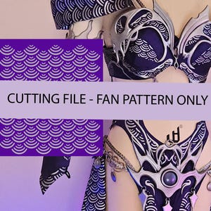 May include: A dark blue and silver cosplay costume with intricate detailing. The costume features a fan pattern design and the text "CUTTING FILE - FAN PATTERN ONLY". The costume is displayed on a mannequin.
