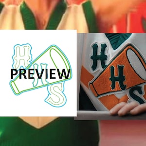 May include: Green and white cheerleader uniform with a large orange and white megaphone patch with the letters "HS" on it. The megaphone has a green outline. The word "PREVIEW" is written in black letters on the megaphone.
