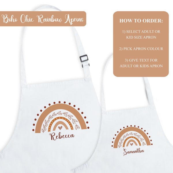 Personalised Adults and Kids Boho Rainbow Apron Matching Set Kids Custom Apron Gift Baking Apron Gift, Rainbow Print Kids Apron