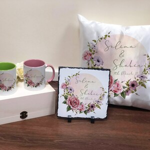 Personalised Rose Floral Pastel Wedding Gift Bundle Set Print Mugs Cushion Square Slate Gift for Her Couple Gift