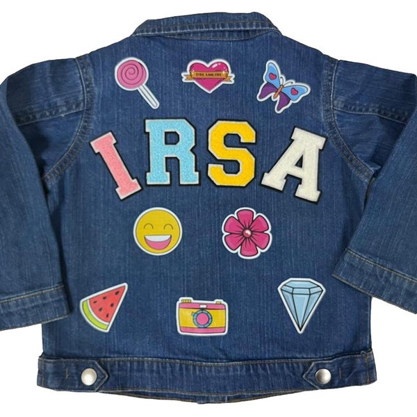 Personalised Kids Unisex Denim Jean Jacket with Patches Custom Name patches and Print, Chenille Letters, Toddler Custom Denim Jean Jacket