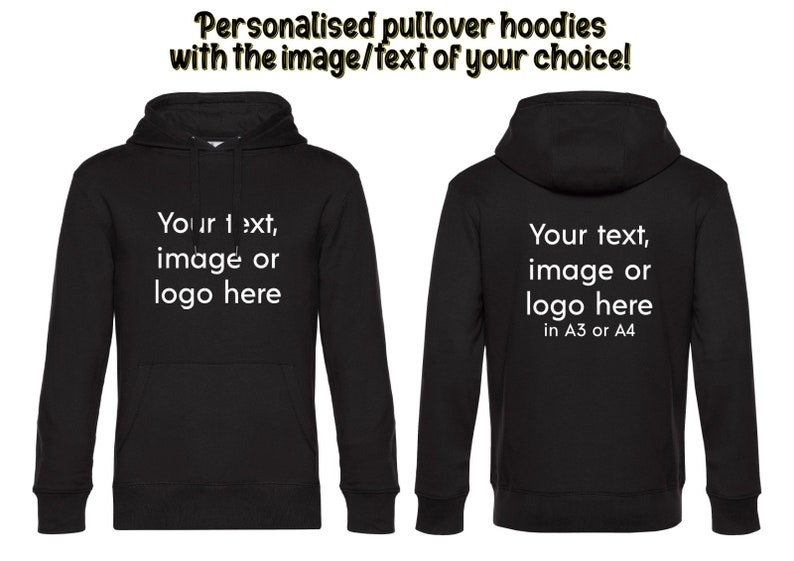 Custom Adult Black Hoodie Your Logo or Text Gift Idea Branding Business Hoody Personalised Gift Christmas Birthday Present image 1