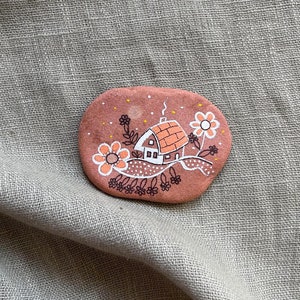 Hand Painted Rock Art: House & Flower Decor Pebble