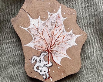 Hand-Painted Wood Slice Coaster: Bunny & Maple Leaf Design