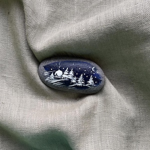 Hand Painted Stone, Winter Night Scene, Nature Landscape on Stone, Snow Covered Christmas trees, Painted Moon & Stars, Blue White Stone