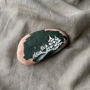 Christmas Decoration Hand Painted Rock, Painted Winter Night, House & Christmas Tree, Snow and Forest, Green White Stone Decor, Unique Gift