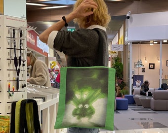 Tote Bag, Linen Bright Green Bag, Linen Cute Bag, Market Linen Bag with Broccoli, Bag with Vegetables, Cool Shopper, Reusable Bag