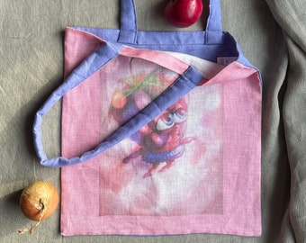 Blue pink tote bag, Cute berry market bag, Beach pink linen bag, Gift for mother, Sweet light bag for spring