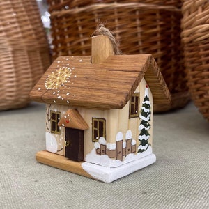 Christmas Tiny House, Wooden Winter Decoration, Christmas Themed, Hand Made Wood House, Hand Painted  Christmas Tree Snow and Snowflakes