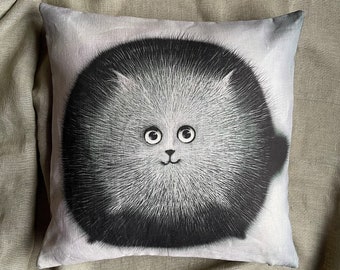 Mother Gift Cat, Pillow Grey Cat, Round Fluffy Cat, Grey Black Pillow Cat, Pillow Cat with Big Eyes, Gift for Birthday