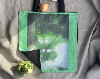 Funny Shopper, Linen Bright Green Bag, Market Linen Bag, Green Bag, Cool Bag Broccoli, Handmade Tote Bag, Linen Printed Shopping Bag